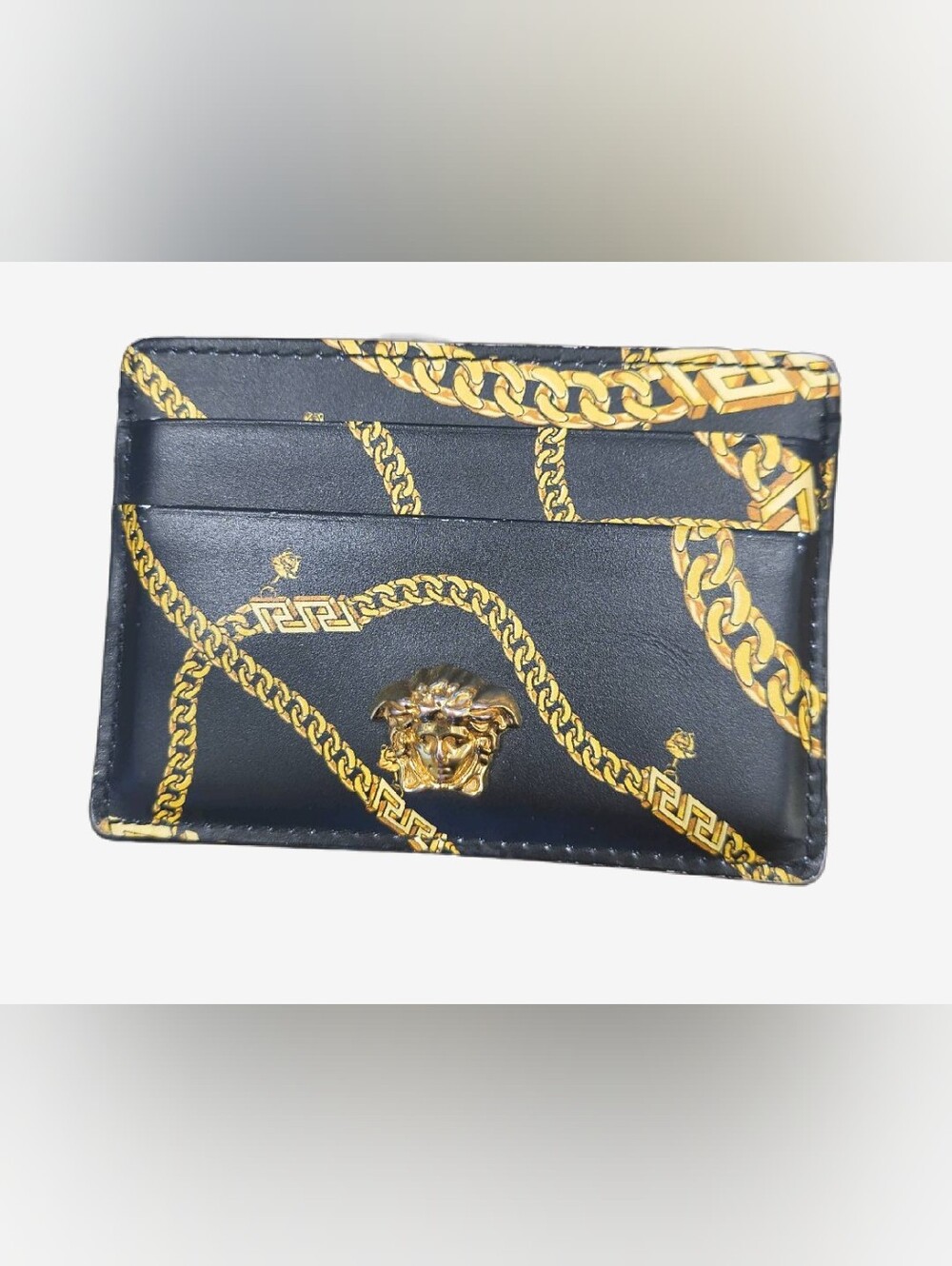 Versace La Medusa Black Gold Chain Print Leather Card Holder Wallet